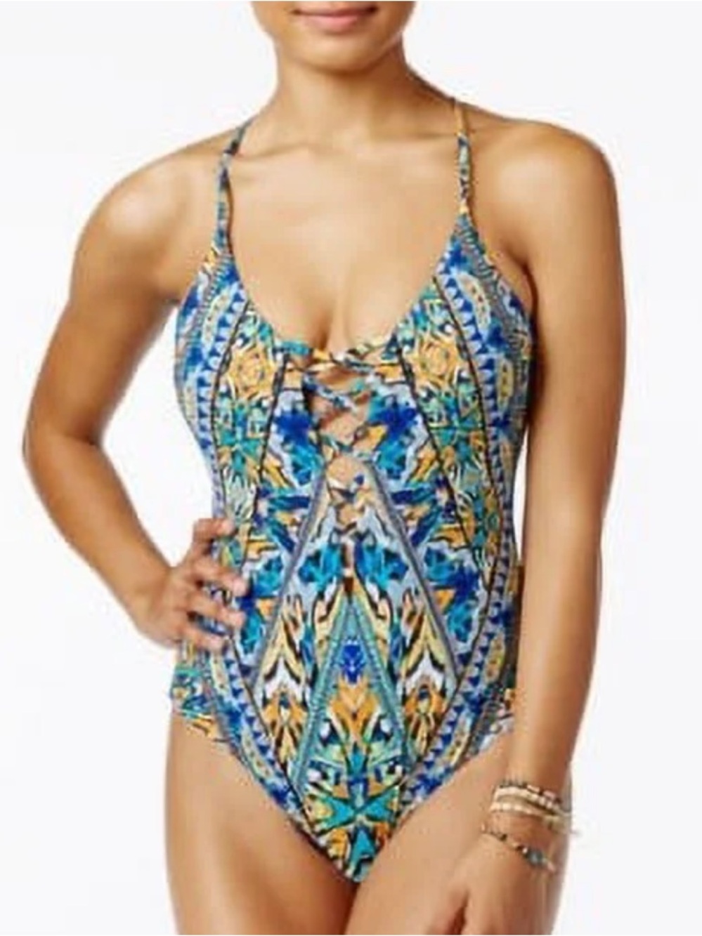 Bar III MULTI Monarchy Tribal-Print Lace-Up One-Piece Swimsuit